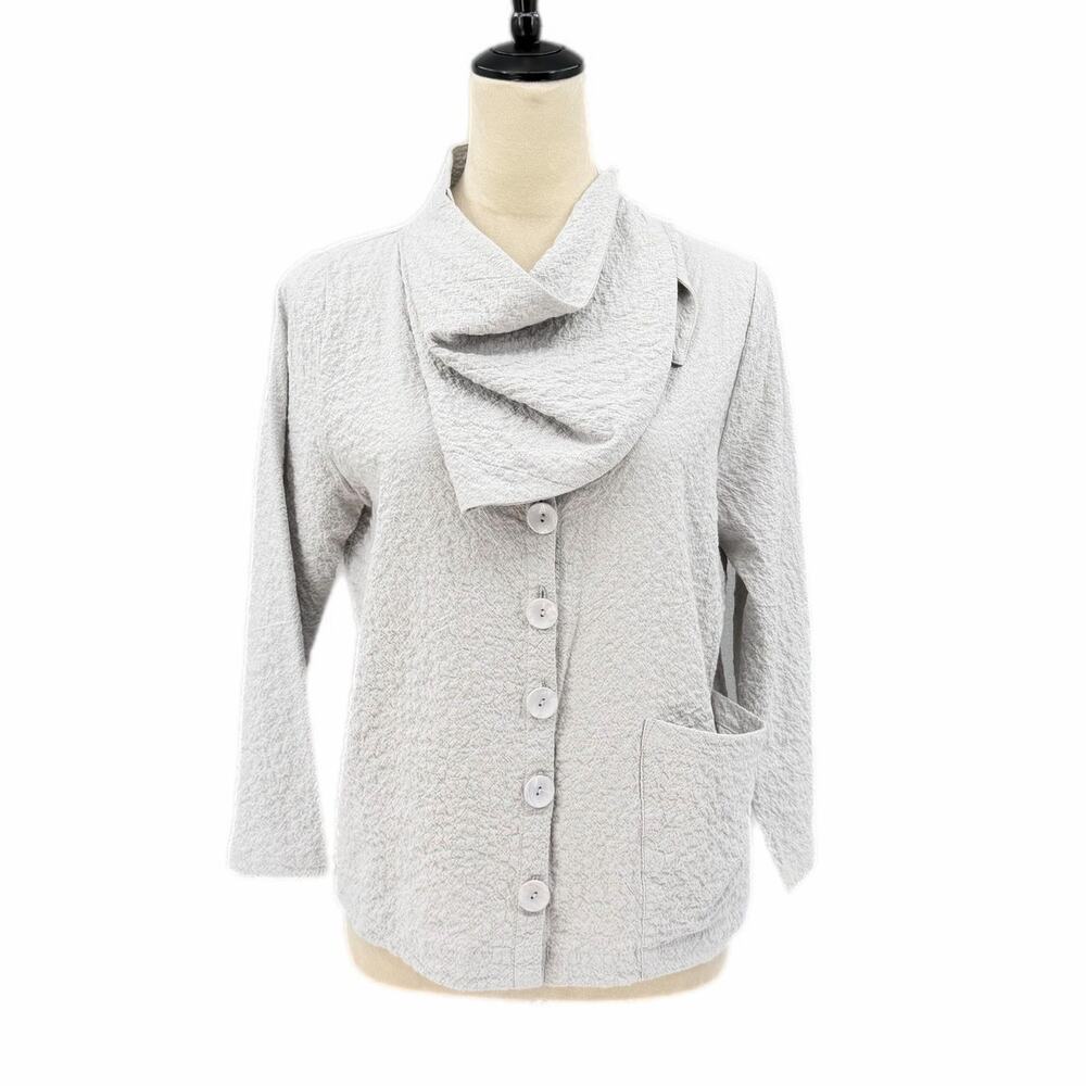 Elsewhere Alberton Gray Cotton Blend Cowl Neck Button Down 3/4 Sleeve Jacket